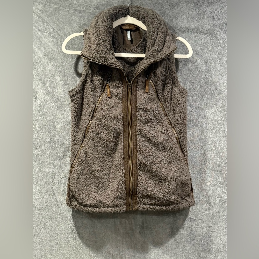 Kuhl Sherpa Fuzzy Hooded Flight Vest Womens S Green Brown Packable Hood Outdoor